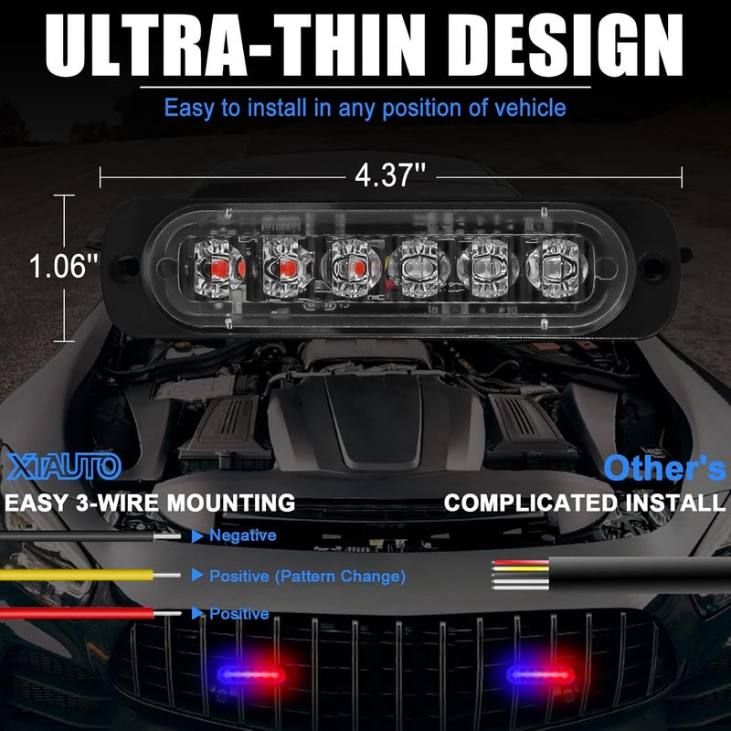 XTAUTO 10pcs LED Emergency Strobe Light, 6-LED Ultra Slim Surface Mount Flashing Warning Beacon Hazard Construction Caution Grille Light Bar for Truck Car Off Road Vehicles SUV ATV (Red Blue) - Image 5